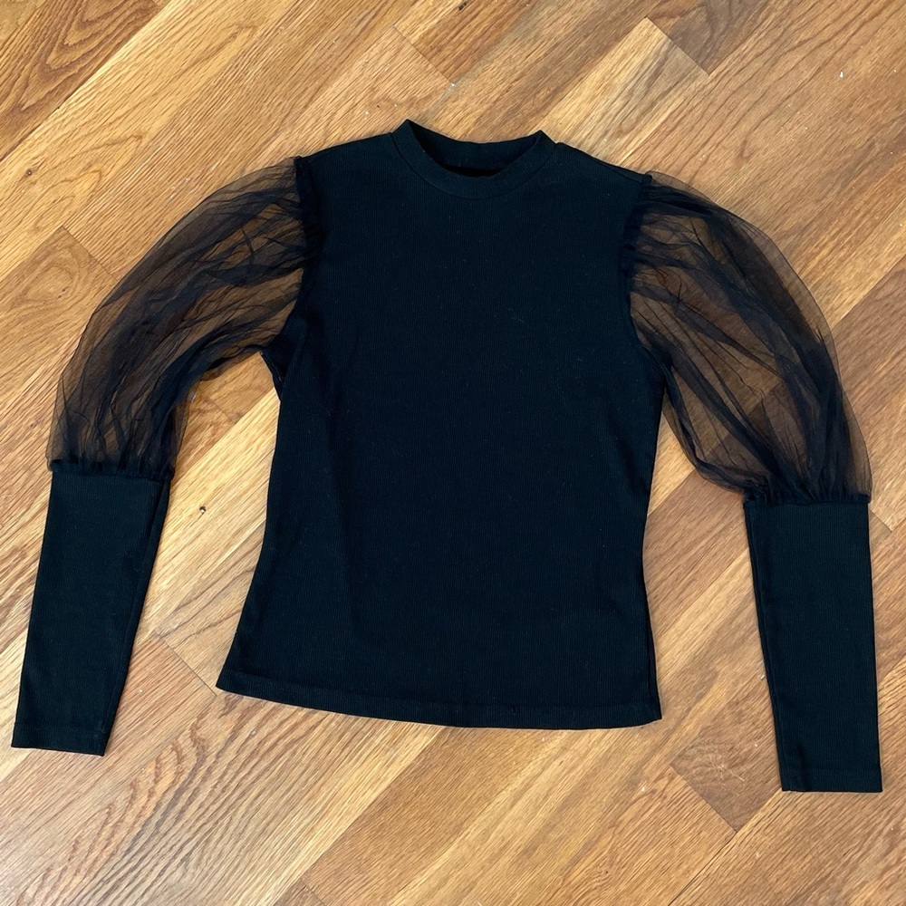 Sheer Lace Puff Sleeve Top Black Ribbed - S